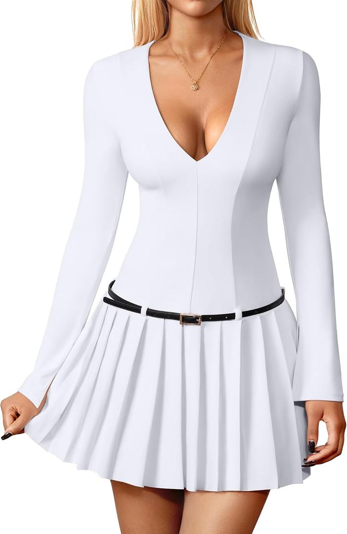 DAAWENXI Women's Sexy Deep V Neck Mini Dress Long Sleeve Pleated Bodycon A Line Party Club Short Dresses White