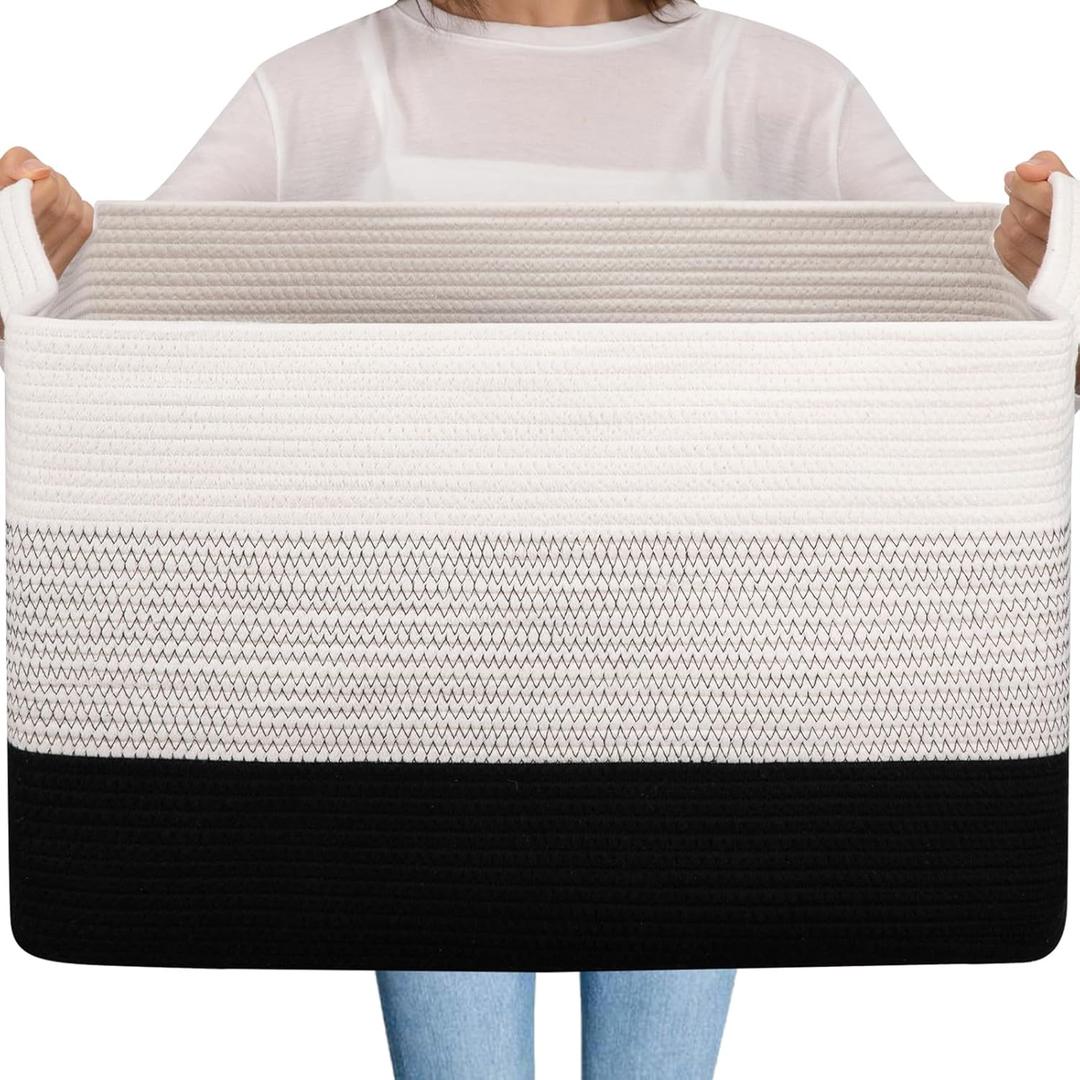 OIAHOMY Extra Large Blanket Basket, 95L Cotton Rope Woven Laundry Basket, Toy Bin for Baby Room, Container for Blanket Storage in Living Room, 24''17''14'', Gradient Black