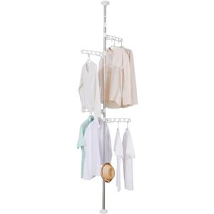 BAOYOUNI Corner Laundry Pole Coat Tree Hanger Telescopic Clothing Drying Rack Floor to Ceiling Tension Shelf Rod Metal Storage Organizer Stand with 4 Arms & 1 Hook - Ivory