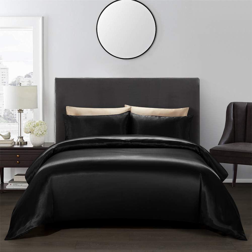 AiMay 3 Piece Satin Duvet Cover Set Bedding Sets Luxury Rich Silk Silky Super Soft Solid Color Reversible Zipper Closure Sexy Honeymoon Stain-Resistant Wrinkle Free (King, Black)