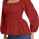 Umenlele Women's Long Sleeve Square Neck Shirred Ruched Ruffle Peplum Blouse Shirt Tops (Medium)