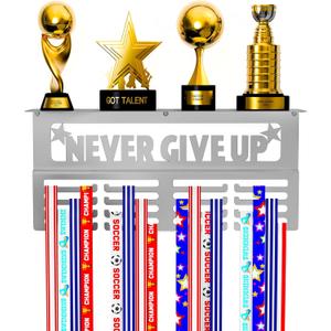Medal Hanger Display with Trophy Shelf - Metal Awards Rack for Walls Holds 64+ Sports Medals- Our Never Give Up 16" Medal Holder Awards Trophy Display