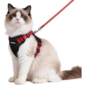 rabbitgoo Cat Harness and Leash for Walking, Escape Proof Soft Adjustable Vest Harnesses for Cats, Easy Control Breathable Reflective Strips Jacket, Black & Red, Medium