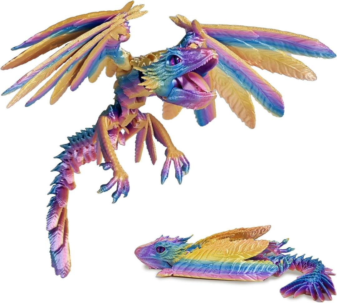 3D Printed Dragon, Feathered Wyvern Dragon with Wings Articulated Dragons, Fidget Dragons 3D Printed Toys Desktop Pet 3D Printing Animals Toy (1-rainbow Color)