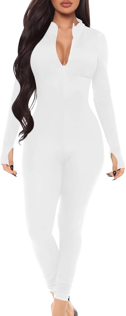 Mizoci Women's Sexy One Piece Jumpsuit Bodycon Long Sleeve V Neck Zipper Full Bodysuit (White)