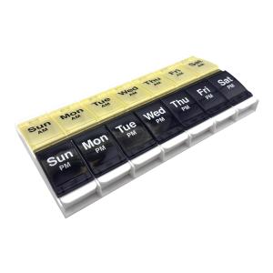 EZY DOSE Push Button (7-Day) Pill Case, Medicine Planner, Vitamin Organizer, 2 Times a Day, AM/PM Container, X-Large Compartments, Arthritis Friendly, Easy to Use, Clear Lids, Blue/Yellow, BPA Free