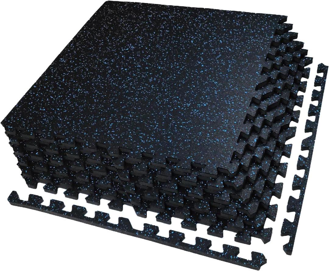 AIRHOP 0.56in Thick 24 Sq Ft Exercise Equipment Mats, 6 Tiles Upgraded Rubber Top with High Density EVA Foam, Large Interlocking Puzzle Gym Flooring for Home Gym, Heavy Weight Workout,Black & Blue