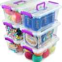 AREYZIN Plastic Storage Bins with Lids 6 Pack,7 Quart Stackable Storage Containers with Buckle Latches, Heavy Duty Clear Organizer Bins for Home Office Supplies, Craft & Toy Storage, BPA-Free,Purple
