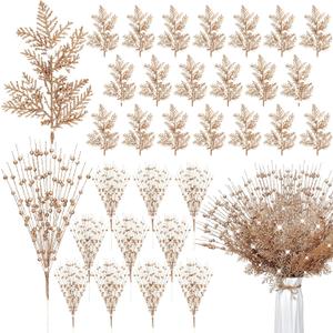 50 Pcs Christmas Tree Picks and Sprays Decorations 17" Champagne Gold Christmas Glitter Berry Stem and 10.6" Artificial Pine Needles Branches Picks Twigs Bead for Xmas Tree Ornaments DIY Wreath Decor
