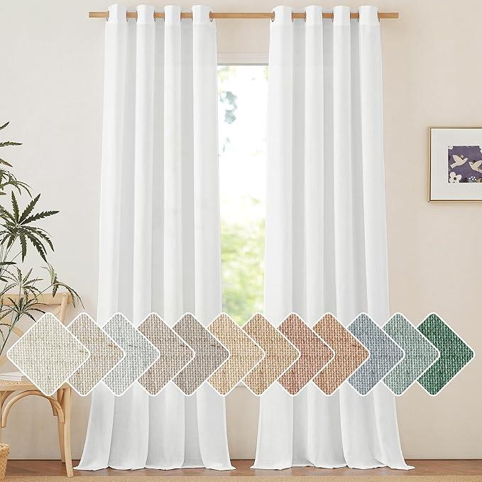 NICETOWN White Linen Curtains 102 inches Long for Bedroom, Grommet Privacy Added with Light Filtering Thick Flax Linen Burlap Window Treatments for Living Room, W55 x L102, 2 Panels 52x102 White