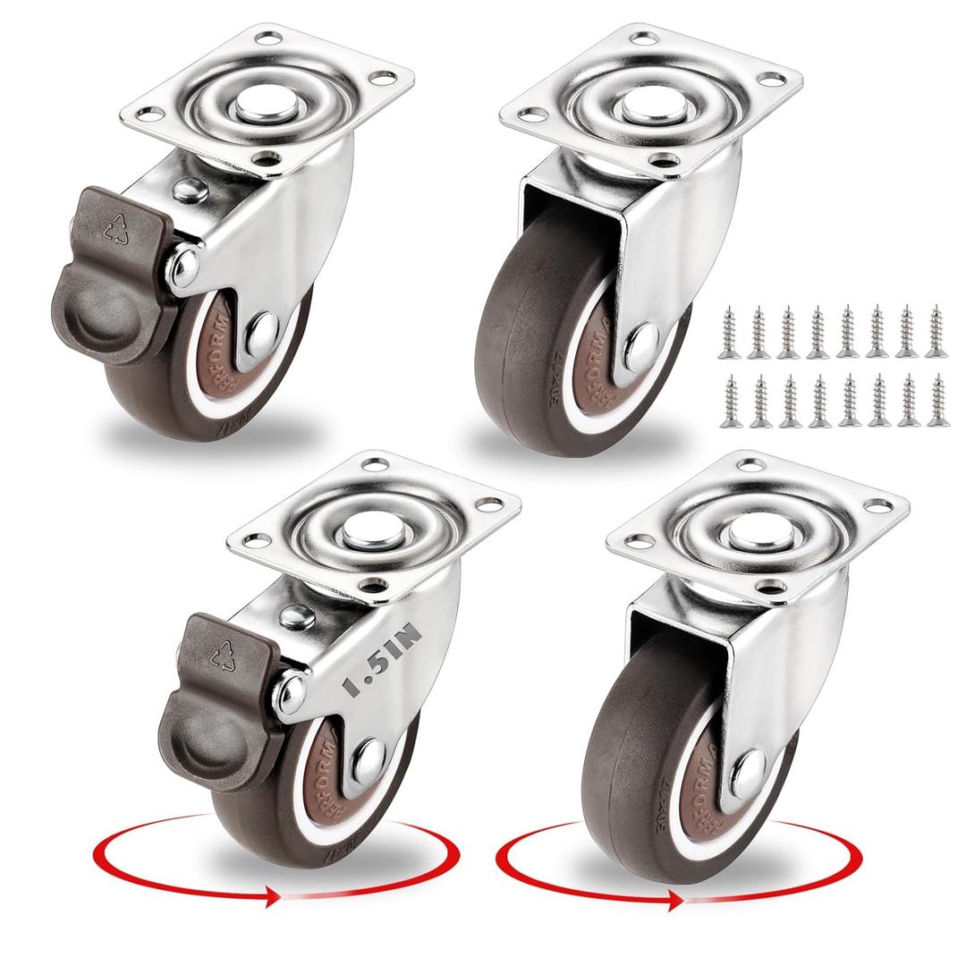 1.5 Inch Caster Wheels for Small Furniture Heavy Duty Casters, Rubber 360 Swivel Casters Set of 4 (2 with Brakes&2 Without), Locking Plate Casters for Carts, Cabinet Moving