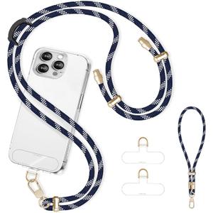 Cell Phone Lanyard Adjustable Crossbody Phone Lanyard *1 Phone Wrist Strap *1 with Deluxe Gold Matal Buckle + Clear Tether Tabs *2 for Shopping Travelling Blue White