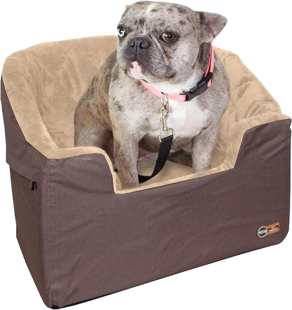 K&H Pet Products Bucket Booster Dog Car Seat, Seat Belt Secured, 2 Safety Leashes, Washable Covers, Sturdy Dog Booster Seats for Small to Medium Pets - Large Tan/Tan