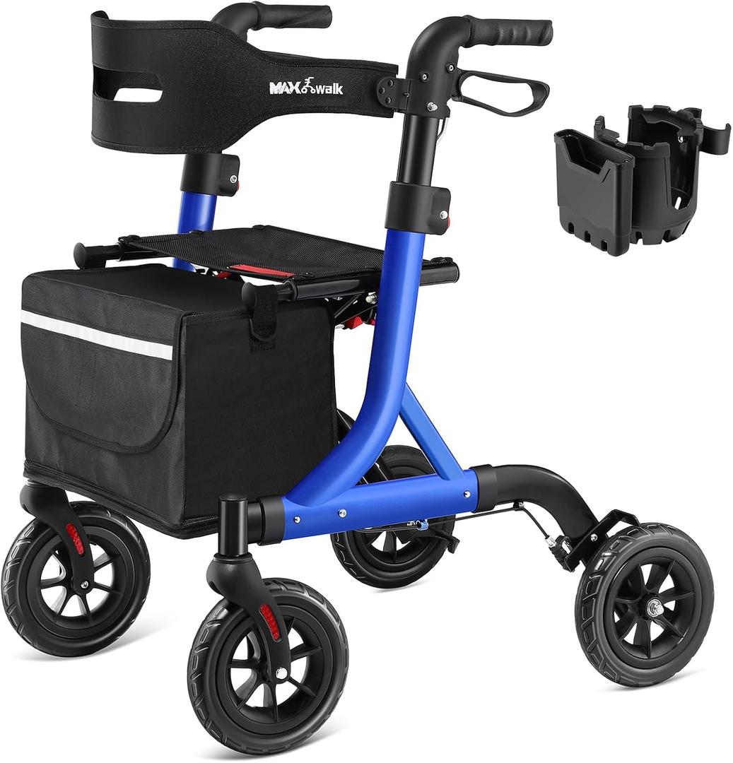 MAXWALK Walkers for Seniors, Rollator Walker with Seat, 8" Rubber Wheels All Terrain Rollator Walker with Backrest, Aluminum Walkers Built-in Cable, Foldable and Adjustable Height for Seniors, Blue