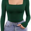 MANGOPOP Women's Square Neck Top Double Lined Short Sleeve Long Sleeve T Shirt Fitted Seamless Tee (Green, L)