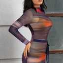 Sexy Long Sleeve Mini Dress for Women Sheer Mesh Printed Crew Neck Bodycon Party Clubwear See Through Dresses (Brown, M)