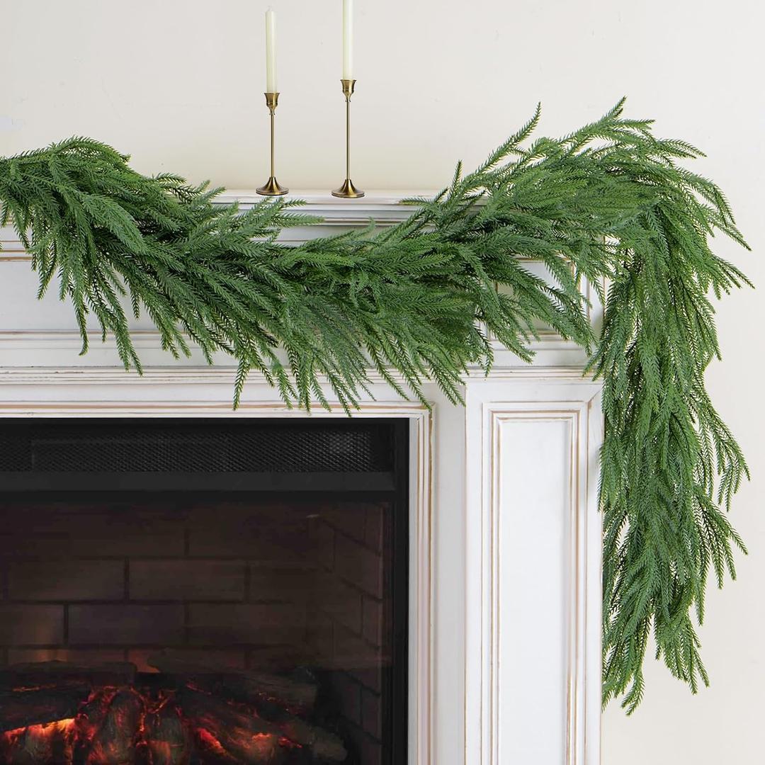 Artificial Norfolk Pine Garland, Realistic Christmas Greenery Garland for Mantle, Staircase, Banister, Fireplace, Wall, Door, Table, Indoor & Outdoor Holiday Winter Decortions (9 Ft-2pcs)