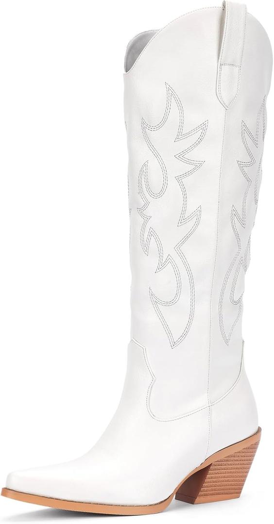 Pasuot Western Cowboy Boots for Women - Knee High Wide Calf Cowgirl Boots with Classic Embroidered, Slip On Pointed Toe Chunky Heel Fashion Retro Classic Pull On Tall Boot for Girls Ladies Fall Winter (8.5, White)