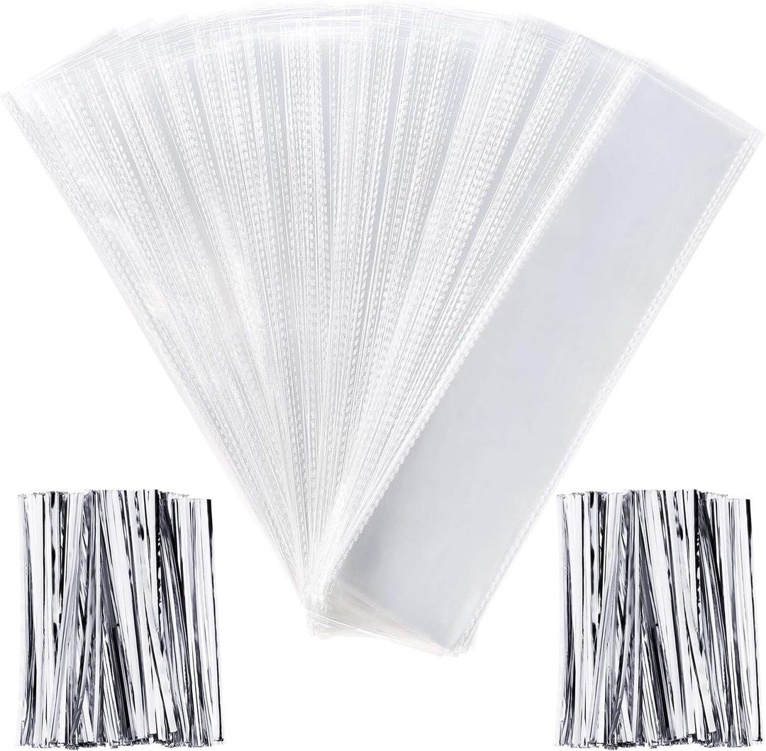 Pangda 200 Pcs Pretzel Bags 2 x 10 Inches Clear Pretzel Individual Rod Cellophane Rectangle Plastic Treat Bags for Chocolate Candies Cookies with 200 Pieces Twist Ties(Silver Ties)