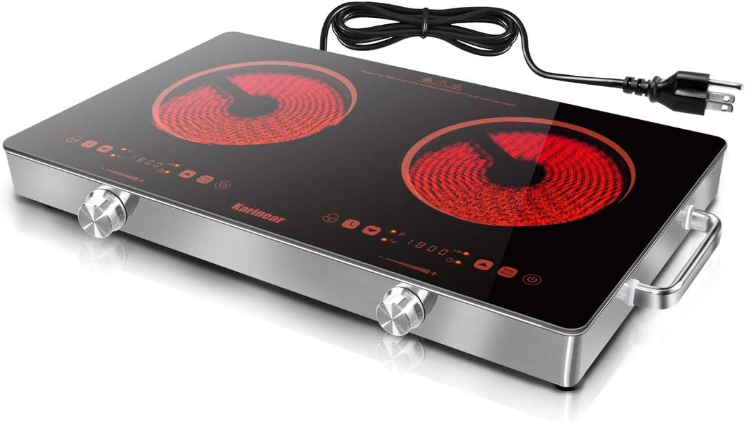 Karinear 2 Burner Electric Cooktop 110V, Portable Electric Stove with Handle, Knob Control Electri Hot Plate, Ceramic Countertop Burner, Timer, Safety Lock, 9 Power Level, 2000W, 24 inch(Gold)