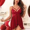 Donnalla Babydoll Lingerie for Women Floral Lace Chemise Boudoir Outfits Strap Ruffle Sleepwear (Red, M)