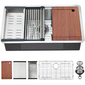 Undermount Kitchen Sink, 33 x 19 x 10 Inch Sink Kitchen 16 Gauge Stainless Steel Kitchen Sinks Single Bowl Workstation Sink with Cutting Board