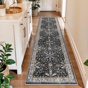 2x8ft Kitchen Rug Runners Washable Non Slip  Boho Floral Carpet Runner for Hallway, Bathroom, Bedroom, Entryway  Soft Low-Pile Thin Long Kitchen Floor Rug (Black, 2x8)