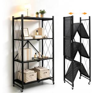 4 Tier Foldable Storage Shelf with Wheels No Assembly Metal Rack, 50.2 x 28.15 x 15.55 inches