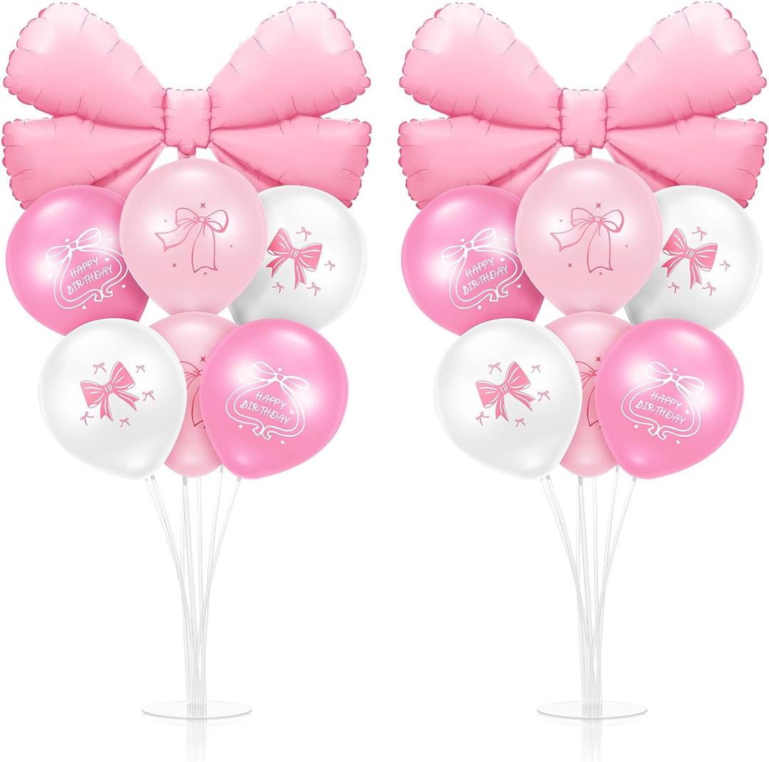 Kasyat 2 Sets Pink Bow Birthday Party Decorations Bow Balloon Centerpieces for Tables Coquette Birthday Pink and White Balloon Stand Kit for Bridal Princess Party Decorations