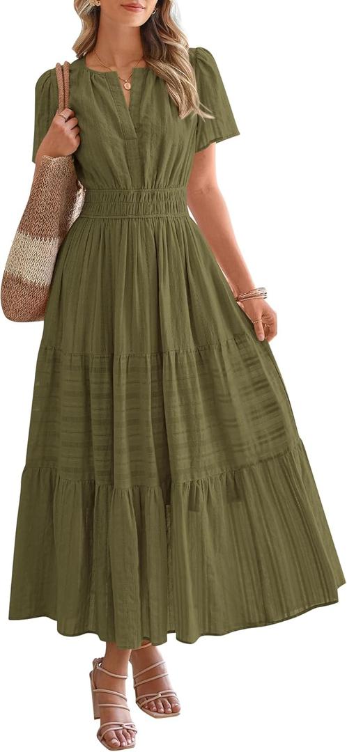 BTFBM Womens Summer 2025 Casual Midi Maxi Dresses Lightweight Short Sleeve V Neck Elastic Waist Boho Beach Dress Pockets (Large, Army Green)