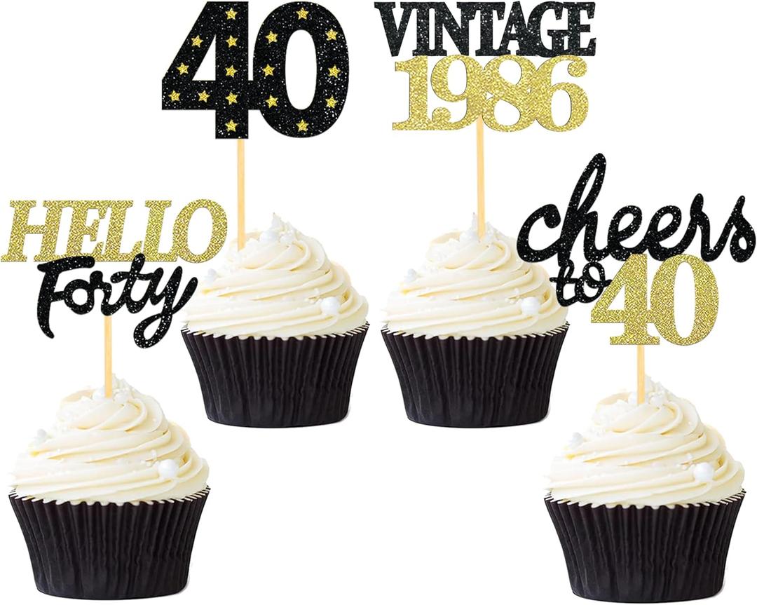 24 Pcs Glitter 40th Birthday Cupcake Toppers for Celebrating Forty Years Old Birthday Party Decorations (Black&Gold)
