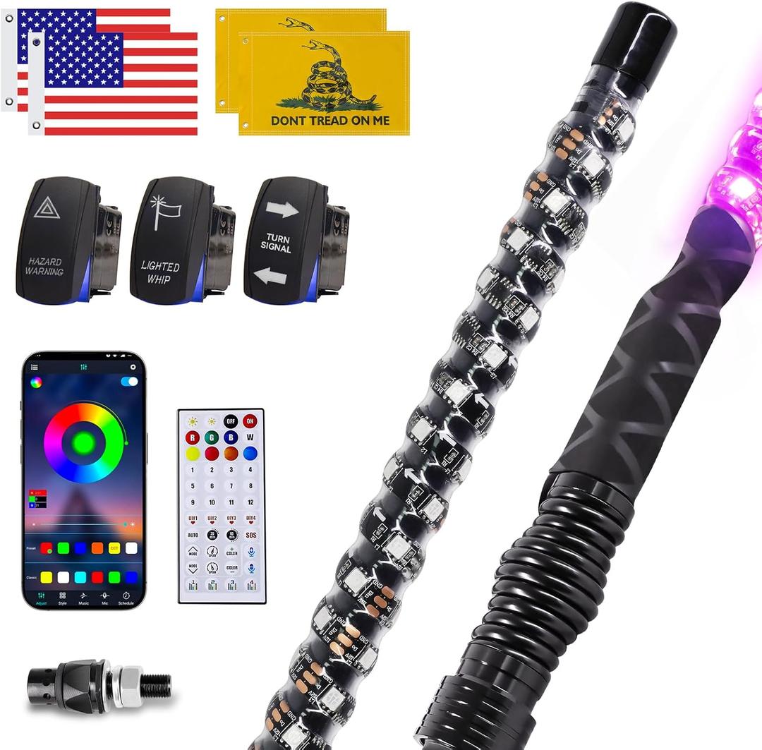 ZIMABLUE 2PC 3FT Whip Lights for Side by Side, App & Remote Control RGB Chasing Lighted Whips with 3 Switchs for ATV UTV Dune Buggy Truck,LED Whip Light Compatible with Polaris RZR Can-Am Maverick X3