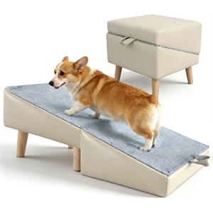 Dog Ramp for Couch Sofa and Low Bed, 15.7" W 2-in-1 Foldable Split Ottoman&Steps, Non-Slip Wooden Pet Stairs for Small Senior Injured Dogs & Cats, Grey