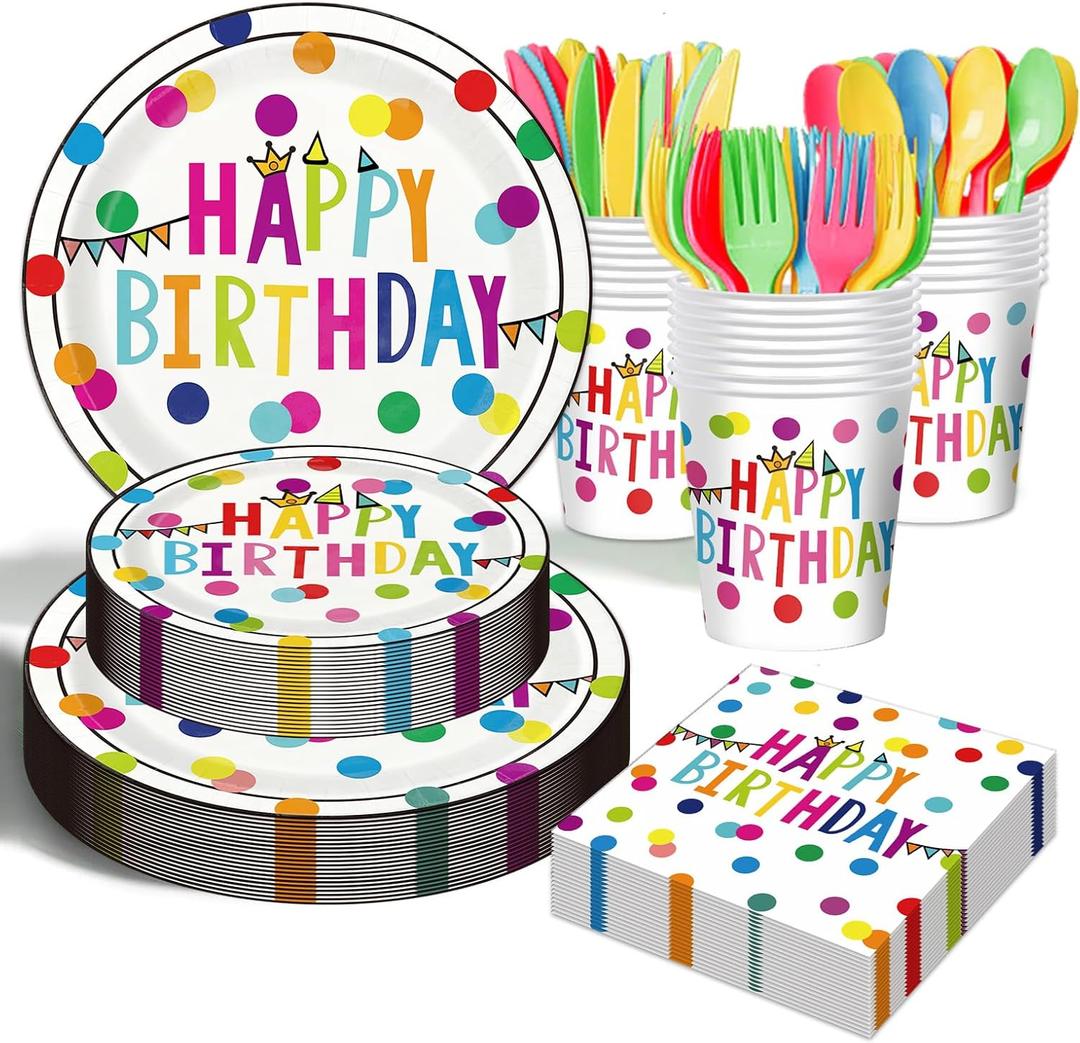 Birthday Plates & Napkins Party supplies - 175Pcs Happy Birthday Paper Plates and Napkins Sets, Disposable Happy Birthday Dots Tableware Set for Boys and Girls Party Decorations, Serves 25
