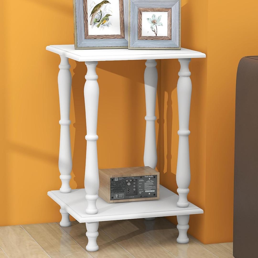 TaoHFE European Style End Tables Living Room White Square Sofa End Table 2-Tier Wooden End Side Table with Open Shelf Retro Vintage 24 Inch Bed Side Table for Bedroom Small Space, White