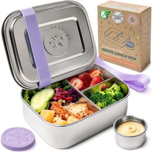 Everusely - Bento Box - Lavender, 27oz / 0.8 L - Stainless Steel Lunch Box with Leakproof Condiment Container - 3 Compartment Snack Organizer for On the Go Meals - Freezer & Dishwasher Safe