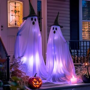 Hourleey Halloween Decorations Outdoor, 2 Pack Standing Lighted up Spooky Ghosts Halloween Decor Indoor for Porches Yard Party Lawn