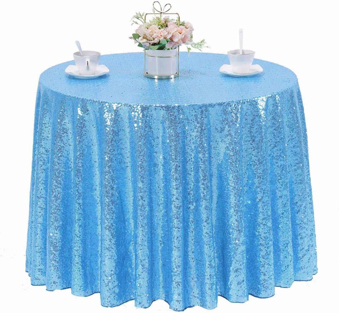 Baby Blue Sequin Tablecloth 72" Round Glitter Table Cover Metallic Sequence Table Clothes for Birthday Party Baby Shower Wedding