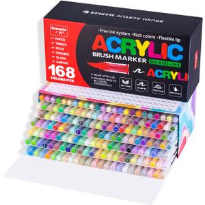 168 Colors Acrylic Paint Markers Set, Soft Brush Tip Acrylic Markers Paint Pens, Acrylic Pens for Rock Painting, Wood, Glass, Canvas, Fabric DIY Arts and Crafts