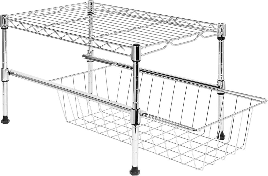 Honey-Can-Do Cabinet Organizer with Adjustable Shelf and Pull-Out Basket SHF-09254 Chrome Large