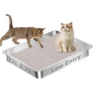 Low Entry Stainless Steel Cat Litter Box for Senior Cats, Extra Large Metal Shallow Litter Box, Easy Access Kitty Litter Pan, Easy Cleaning -23.62'' Lx 15.75'' W x 2.76'' H