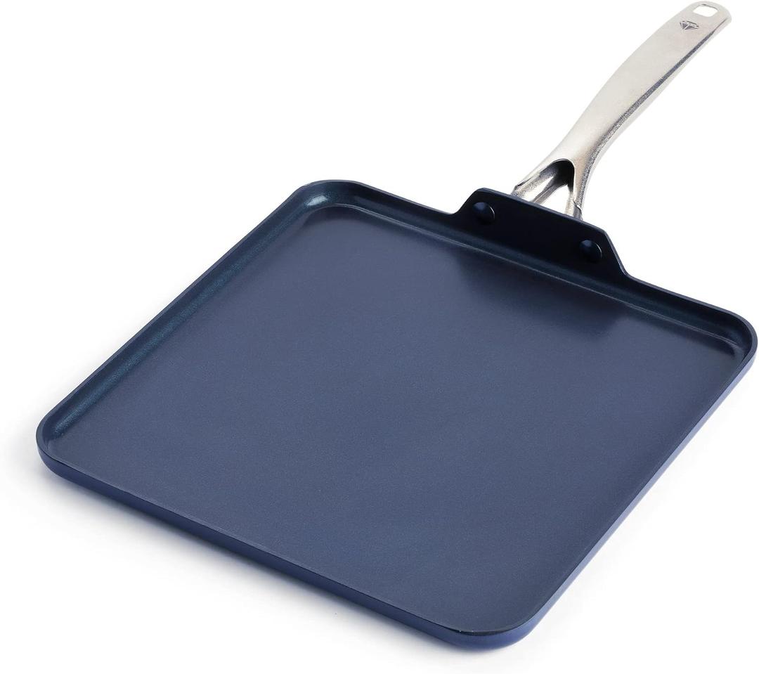 Blue Diamond 11" Nonstick Square Griddle Pan, Non Toxic PFAS-Free Diamond Ceramic, Dishwasher & Oven Safe, Even Heating, Metal Utensil Safe, Warp Control, Blue