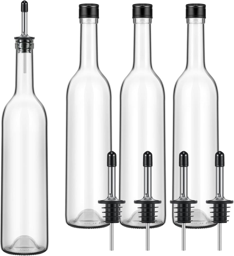 Maxdot 4 Pcs Long Neck Bottle with Pourer 750ml Glass Liquor Bottle juice Pour Bottles Syrup Bottles Glass for Home Wine Liquor Juice Making Wedding Anniversary Party (Stainless)
