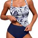 ZAFUL Women's Tankini Swimsuits Tummy Control Swimwear Two Piece Bathing Suits Swim Top with High Waisted Bottom (Large, White Blue Flower)