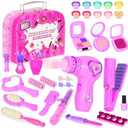 VGOFUN Hair Salon Toys for Girls,38 Pcs Girls Toys Beauty Salon Playset Toddler Pretend Play Hair Styling Kit Kids Makeup Set with Hairdryer Mirror Curling Iron Portable Box and Stylist Accessories