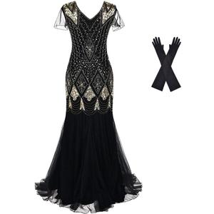Women Evening Dress 1920s Flapper Cocktail Mermaid Plus Size Formal Gown with Long Gloves (Black Gold, 3XL)