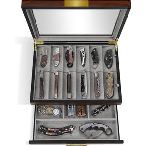 Ikkle Walnut Two-Tier Knife Display Case with Drawer and Real Glass Window Top for Knife Storage and Collections