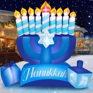 MICOCAH 8FT Tall Hanukkah Inflatables Outdoor Decorations, Inflatable Hanukkah Menorah with Candles and Dreidel Blow Up Yard Decoration Build-in LEDs for Holiday Party Indoor Lawn Garden Décor