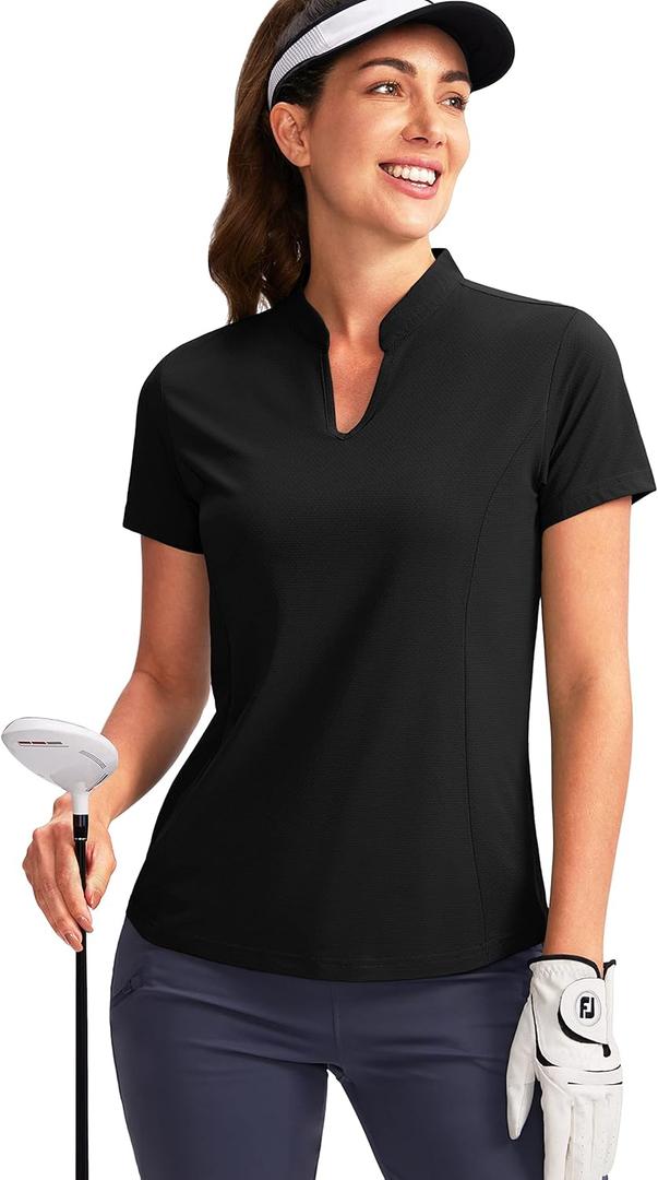 Obla Women's Golf Polo Shirt V-Neck Short Sleeve Collarless Quick Dry Tennis Running T Shirt Golf Tops for Women (Medium, Black)