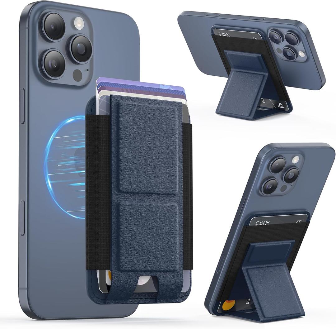 GONEZ for MagSafe Wallet with Stand, Stronger Magnetic Card Holder for iPhone 17/16/15/14/13/12 Series, Premium Leather Phone Wallet with RFID Blocking, 1 Slot, Fit 5 Cards, Dark Blue